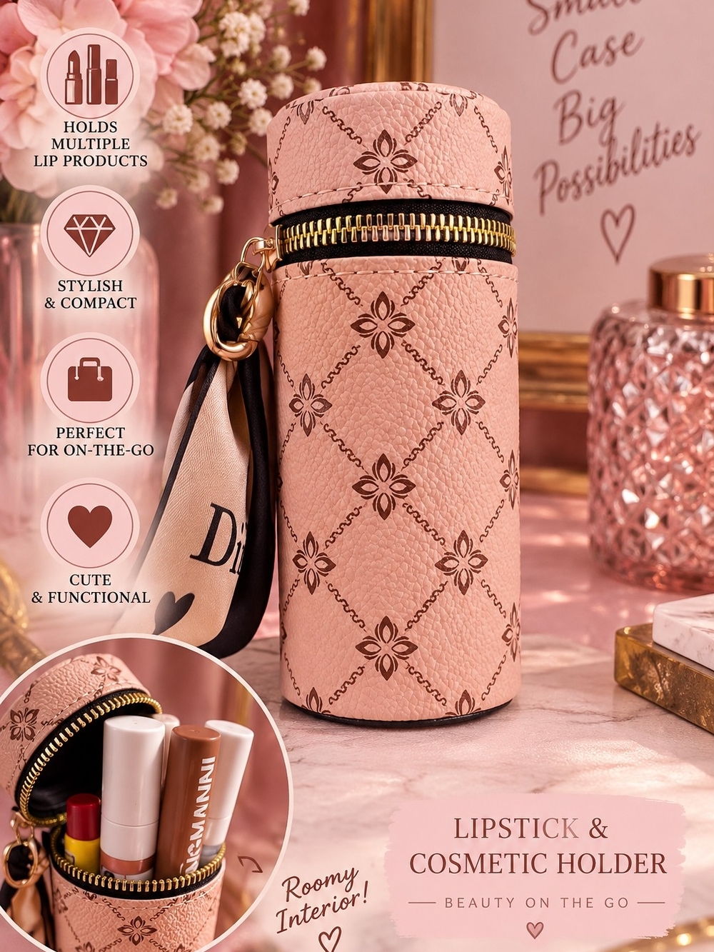 Pink Floral Lipstick & Cosmetic Holder Case with Gold Zipper!!